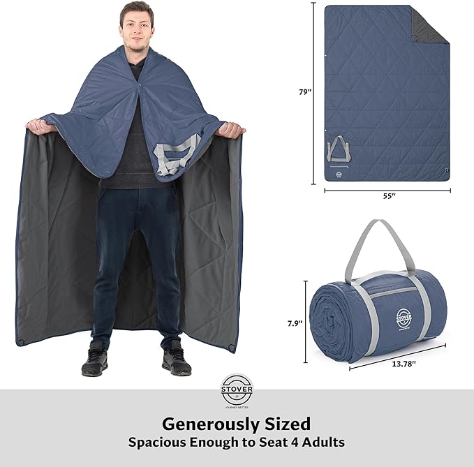 STOVER Waterproof Stadium Blanket – Portable Outdoor Camping Blanket for Travel, Picnics, or Sports – Warm, Windproof, Lightweight, and Packable (Glacier Blue)