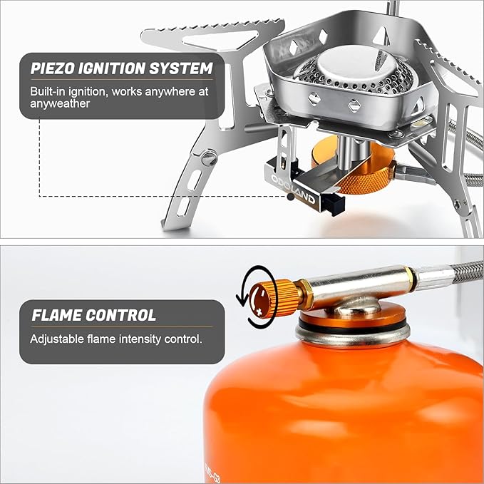 Odoland 3500W/6800W Windproof Camp Stove Camping Gas Stove with Windscreen, Fuel Canister Adapter, Piezo Ignition for Outdoor Backpacking Hiking and Picnic