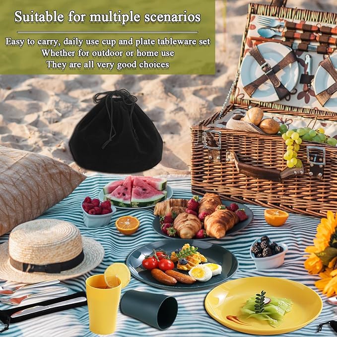 Evanda Camping Cutlery Set, Reusable Light Weight Mug, Plate and Stainless Steel Cutlery Set with Black Bag, Dishwasher Safe