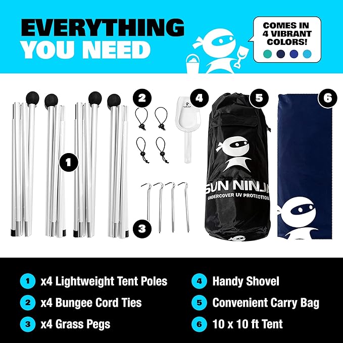SUN NINJA Beach Tent Sun Shelter UPF50+ - Easy Pop Up Beach Canopy - Outdoor Shade for Camping Trips, Fishing, Backyard Fun Picnics - Sand Shovel, Ground Pegs & Stability Poles