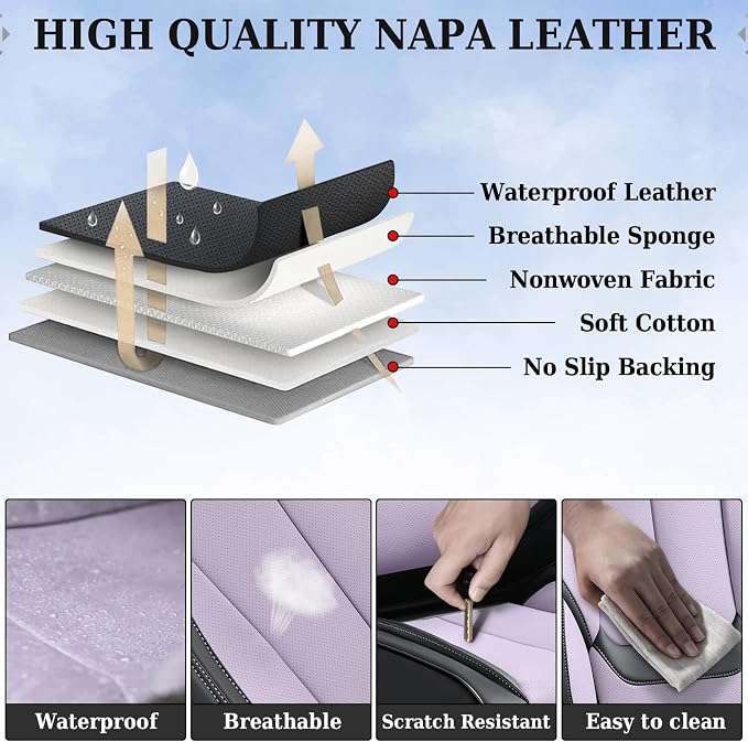 Coverado Universal Seat Covers Full Set, 5 Seats Universal Seat Covers for Cars, Waterproof Nappa Leather Car Seat Covers with Head Pillow, Auto Protectors Fit for Most SUV Pick-up Truck-Black&Purple