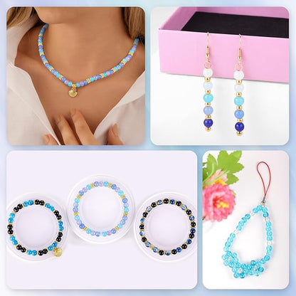 Funtopia 1377pcs Blue Glass Beads for Bracelets, 24 Colors 6mm Beads for Jewelry Making, Round Crystal Blue Ocean Sea Bead for Bracelet Earring Necklace DIY Crafts with Spacer Bead and Charms
