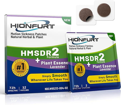 Hionfurt HMSDR2 32ct Motion Sickness Patches with Plant Essence – Lavender – Sea Sickness Patches for Cruise, Car, Airplane – Non-Drowsy, 72H Lasting
