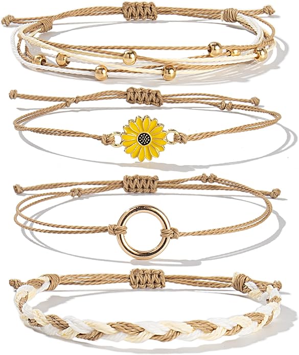 FANCY SHINY Sunflower String Bracelet Boho Braided Rope Wrap Bracelets Cute Summer Beach Surfer Jewelry for Women Christmas Gifts