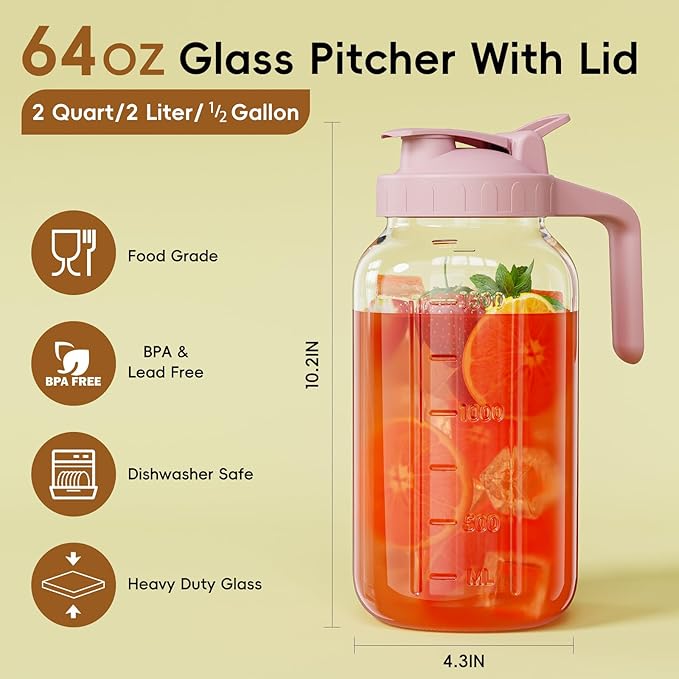 Glass Mason Jar Pitcher, 64 oz Wide Mouth Jug