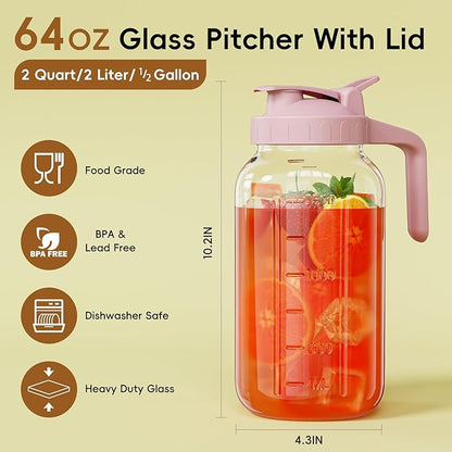 Glass Mason Jar Pitcher, 64 oz Wide Mouth Jug