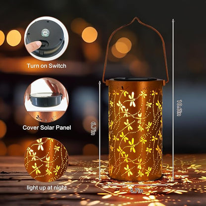 Birthday Gifts for Women,Solar Lanterns Outdoor Hanging Lantern Lights, Dragonfly Hollowed-Out Metal Decor Lantern, Waterproof LED Decorative Garden Light - Delicate Garden Decoration for Patio, Yard