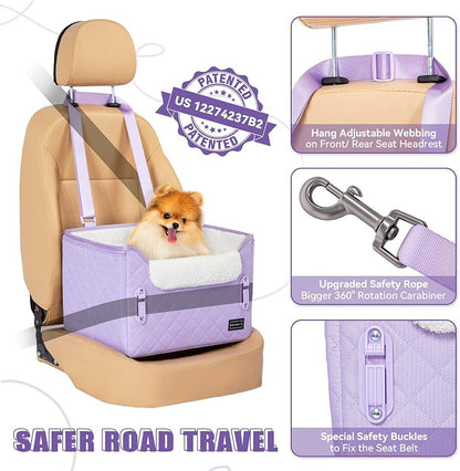 PETSFIT Dog Car Seats for Small Dogs – Patented Safety Buckles – Safety Tether – Foldable Travel Cat Car Seat Reduces Anxiety & Road Trips – Stable Frame, Fits Front/Back Seat (Lavender Purple)