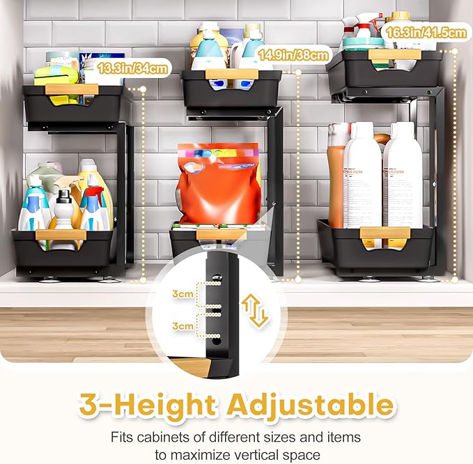 Homde 2-Tier Under Sink Organizer: 2pcs Set Adjustable Pull Out Drawer
