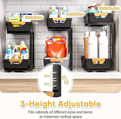 Homde 2-Tier Under Sink Organizer: 2pcs Set Adjustable Pull Out Drawer
