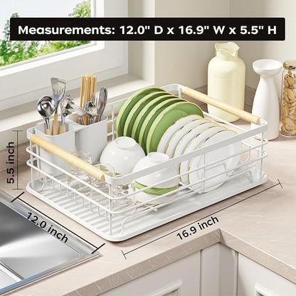 Dish Racks for Kitchen Counter: Wooden Handles, Thickened Metal, No Assembly.