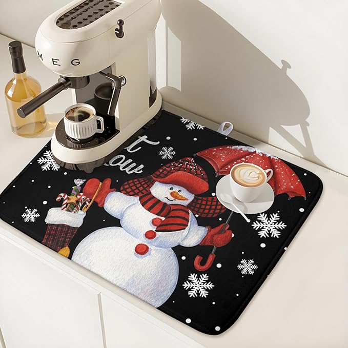 Black Snowman Dish Drying Mats for Kitchen Counter, Winter Snowflake Dish Mat