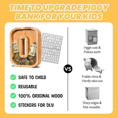 KMC Wooden Letter Piggy Bank, Personalized Initial Piggy Bank for Kids Boys, Clear Alphabet O Wood Money Box, Unbreakable Coin Saving Jar, Birthday, for Children