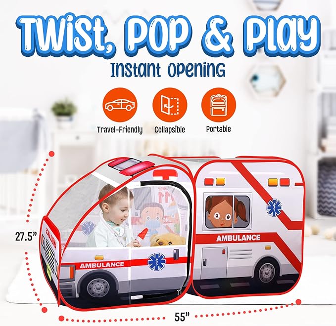 Ambulance Pop-up Play Tent for Kids with Sounds, Doctor Kit & Ball Pit for Toddlers & Up - Easy Setup Pop up Toy for Indoor & Outdoor, Emergency Vehicle Playset, Pretend Play, Great Gift
