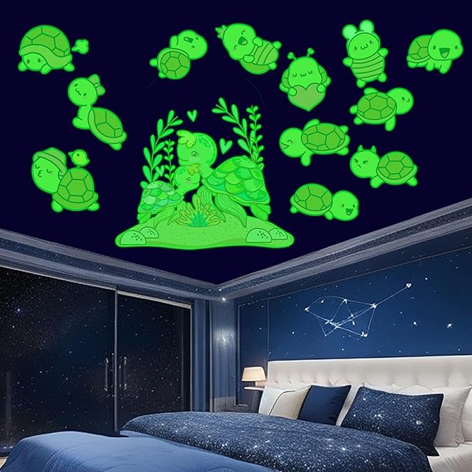 Glow in The Dark Sea Turtle Stickers, 31 PCS Glowing Luminous Ocean Turtles Wall Decals Turtle Ceiling Stickers for Kids Boys Girls Bedroom Nursery Playroom Party Room Decor
