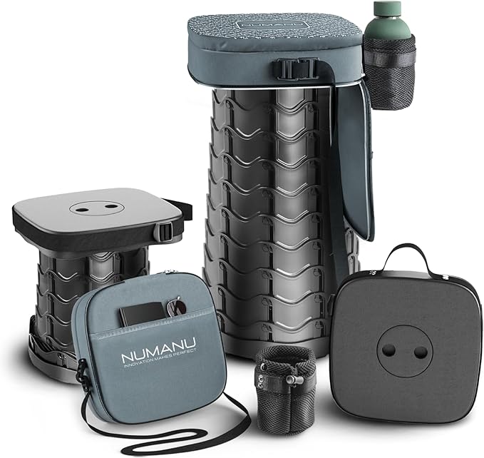 NUMANU 2025 Upgraded Square Collapsible Stool & 3IN1 Cushioned Carry Bag, Adjustable Height Folding Stool, Telescopic Camping Chair Retractable Seat or Footrest for Outdoors & Travel, 18" Max 620lbs