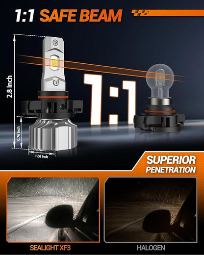 SEALIGHT 5202 LED Fog Light Bulbs or DRL, 18000LM 800% Brightness 5202 5201 PS19W PS24W Fog Lights LED Bulb for Car, 6500K Cool White 984 FT Strong Penetration, 60000 Hours Lifespan, Pack of 2