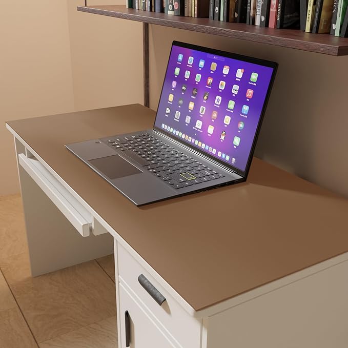 Leather Table Cover,1.8mm Thick,24x48 Inch Desk Cover,Large Desk Mat,Table Protector,Table Cover Protector,Desk Protector,Table Pad(Mud Color+Champagne Gold,24x48)