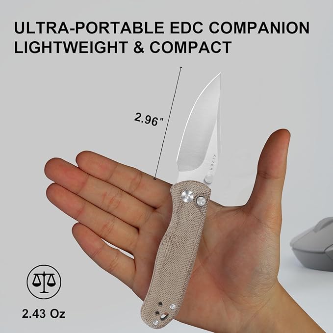 Kizer Drop Bear 2 Pocket Knife, 2.96" Nitro-V Clip Point Blade Folding Knife with Brown Micarta Handle, Button Liner Lock EDC Knives with Jimping on Spine for Men Women V3619.2CC1