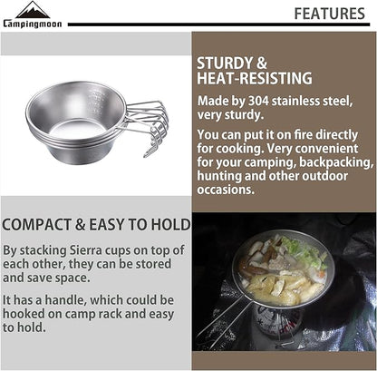 CAMPINGMOON 4pcs Set Stainless Steel Camping Sierra Cup 310ml with Storage Case S220-4P+B