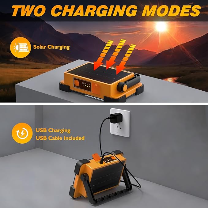 120W Solar Rechargeable Work Light, 144 LED 10000LM Led Work Light with 4 Modes, Portable Flood Light with Stand, IP66 Waterproof Outdoor Working Light for Emergency Mechanic Camping Repair (Yellow)