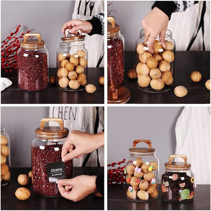 SAIOOL Canister Set of 2, Glass Kitchen Canisters with Airtight Acacia Lid, Tall Clear Airtight Food Storage Jar, Kitchen Pantry Storage Container for Noodles Flour Cereal Coffee