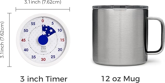 TWENTY5 SEVEN Countdown Timer 3 inch, Silent 60 Minute 1 Hour Visual Timer with Pause, Magnetic Classroom Teaching Tool Office Meeting, Countdown Clock for Kids Time Management, Red White and Blue