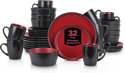 Stone Lain Albie Stoneware 32 Piece Dinnerware Set, Plates and Bowls Sets, Dish Set for 8, Red and Black, Microwave & Dishwasher Safe