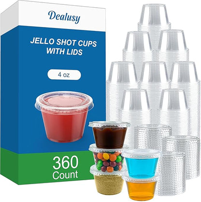 360 Set 4 oz Jello Shot Cups with Lids, Sturdy & Food Safe Disposable Plastic Portion Condiment Dipping Sauce Cups, Small Containers for Salad Dressing