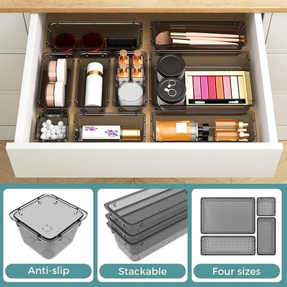 WOWBOX 44 PCS Clear Plastic Drawer Organizer Set, 4 Varied Size storage Bins