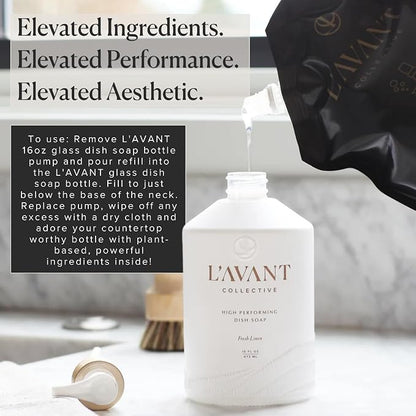 L'AVANT Dish Soap Refill, Plant-Based Grease-Cutting, Fresh Linen, 32 Fl Oz | Plant-based grease cutting, Fresh Linen fragrance, gentle on hands, non-toxic formula, refill pouch, cruelty-free, 32 fl oz