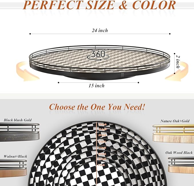 24" Black and White Kitchen Lazy Susan Turntable, Round Checkered Decorative