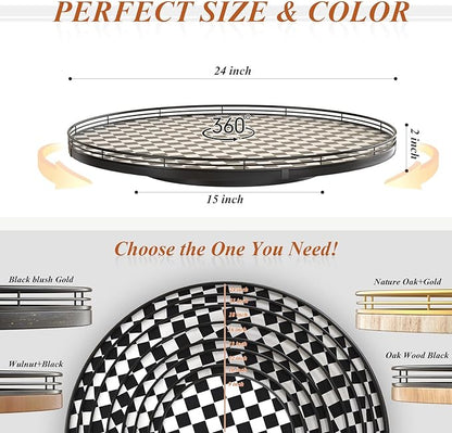 24" Black and White Kitchen Lazy Susan Turntable, Round Checkered Decorative