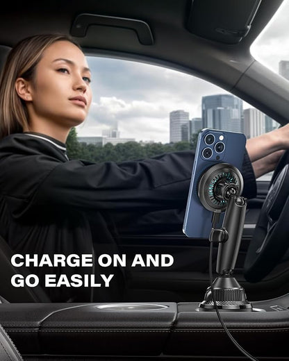 APPS2Car Upgraded for QI2 Magsafe Cup Holder Charger, Car Mount Charger 15W Fast Charging, Wireless Magnetic Cell Phone Stand with Tri-Pivot Arm for iPhone 17 Air Pro Max Plus 16 15 14 13 12