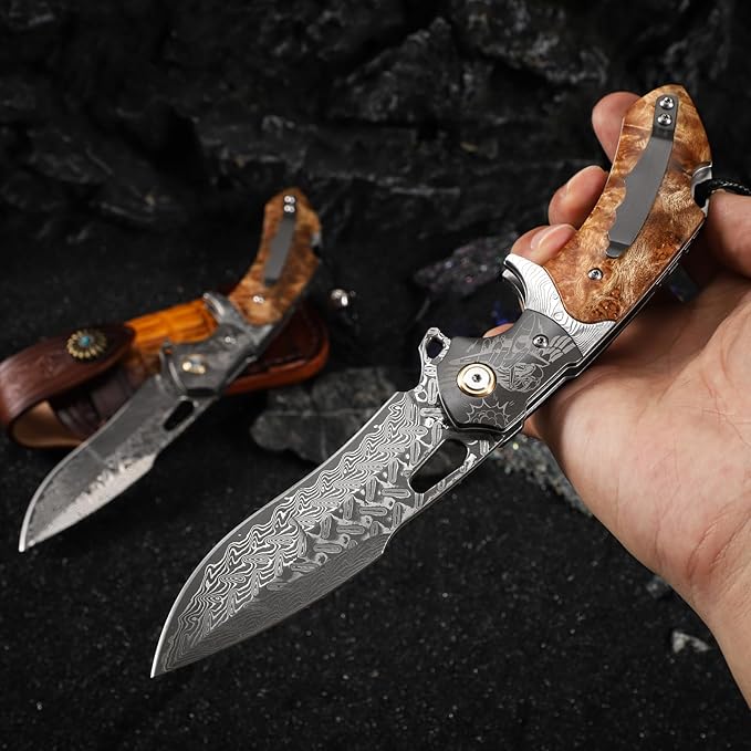 Damascus Steel Folding Pocket Knifeï¼?.6in Men's EDC knife，With leather sheath，pocket clip，Liner Lock，Fighter Pattern，Tree Tumor Shadow Wood Handle，For outdoor hunting Fishing camping knife
