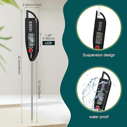 3 Pcs Instant Read Meat Thermometer with Long Probe 9.65 Inch Kitchen Cooking Food Candy Waterproof Digital Thermometer for BBQ Water Milk Yogurt Liquid (Pointed,Black)