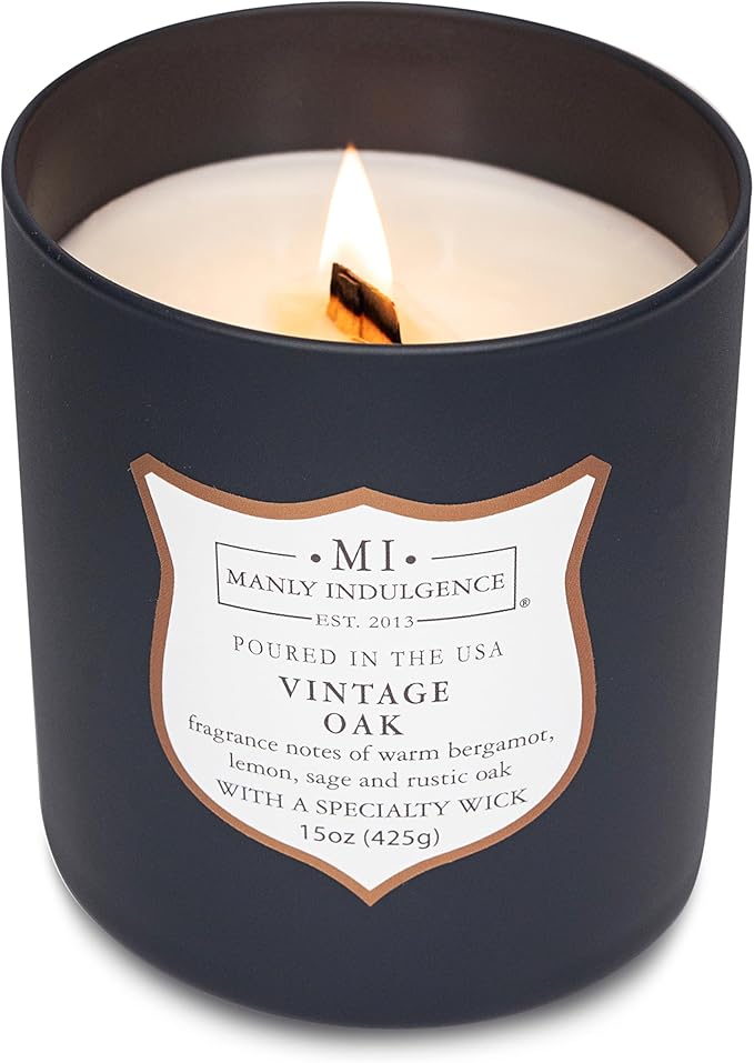 Manly Indulgence Vintage Oak Scented Candles for Men, 15 oz Wooden Wick, Premium Soy Blend Wax, 60H Burn, Candles for Home Scented - Made in The USA