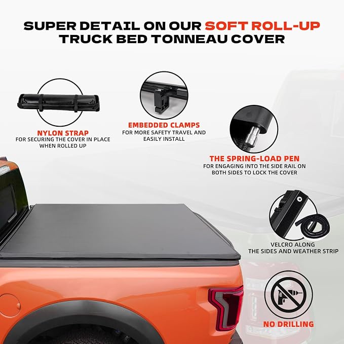 Soft Roll Up Truck Bed Tonneau Cover for 2016-2025 2026 Toyota Tacoma Fits 5FT Bed (60.5") | Only for Models with The Deck Rail System