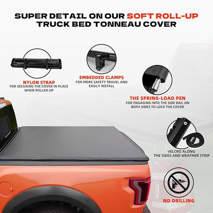 Soft Roll Up Truck Bed Tonneau Cover for 2016-2025 2026 Toyota Tacoma Fits 5FT Bed (60.5") | Only for Models with The Deck Rail System