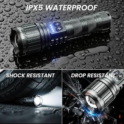 5000mAh Rechargeable High Lumens Flashlight with Warm/White Light - 11 Modes Zoomable Tactical, Waterproof for Camping, Emergency, Outdoor Travel