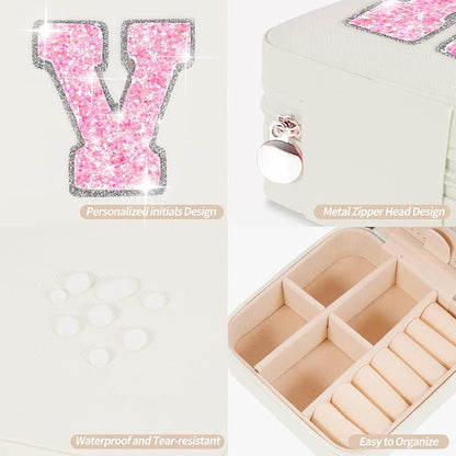 Personalized Jewelry Case for Women Girls - Fashion Mini Jewelry Boxes - Trendy Travel Jewelry Organizer with Initials Letter - Teen Gifts | Cream,V