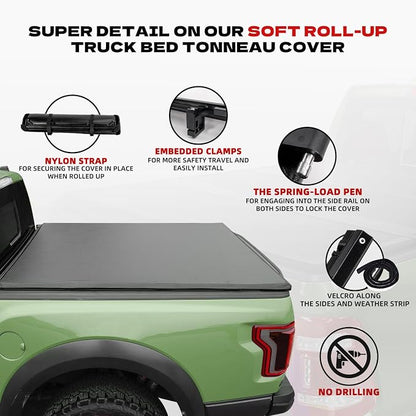 Soft Roll Up Truck Bed Tonneau Cover Compatible with 2002-2018 Dodge Ram 1500; 2003-2025 2026 Ram 2500 3500; 2019-2024 Classic | 6'4" (76") Bed Without Rambox