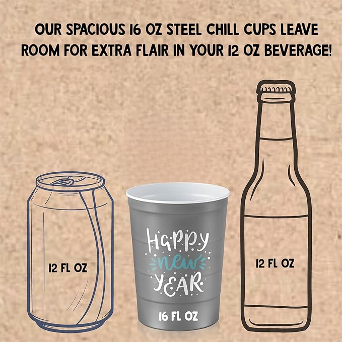 16 oz. Party Cups 'Happy New Year' Champagne Design for Cold Drinks, Durable, Disposable, Recyclable, Made in USA, Gray, 12 Count