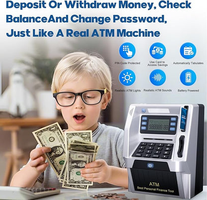 Blingbin Upgraded ATM Piggy Bank for Kids, ATM Bank Machine for Real Money with Debit Card, Bill Feeder, Coin Recognition, Balance Calculator, Electronic Saving Safe Machine Box for Boys Girls Gift