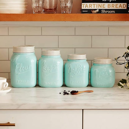 Young's Inc. 4 Pcs Set Blue Lagoon Nautical Ceramic Canisters- Storage Container for Kitchen and Bathroom - Beautiful Home Decor Accent to Store Food, Coffee, Tea, and More - White, Blue