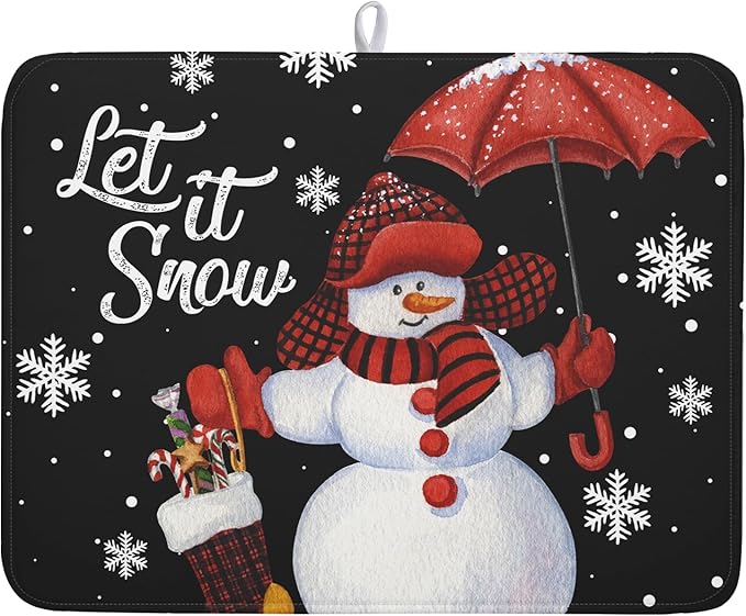 Black Snowman Dish Drying Mats for Kitchen Counter, Winter Snowflake Dish Mat