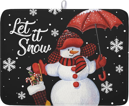 Black Snowman Dish Drying Mats for Kitchen Counter, Winter Snowflake Dish Mat