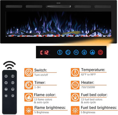 50" WiFi Electric Fireplace Inserts, Recessed and Wall Mounted Fireplace Heater