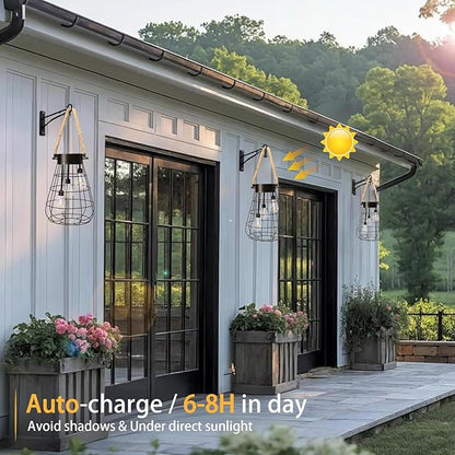 Solar Hanging Lantern with Rope, Vintage Industrial Pendant Light, 12.8" Solar Powered Outdoor Lantern, IP65 Waterproof Garden Light, Warm White Glow, Rechargeable for Patio, Porch, Yard Decor