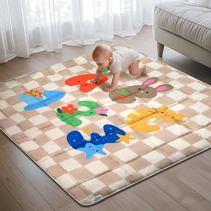 Baby Play Mat, Foldable Play Mats for Floor, 50x50 Inches Crawling Mat for Playpen with Anti-Slip Bottom, Machine Washable, Thicken Padding Foam Playmats for Babies and Toddlers (Sand Checks)